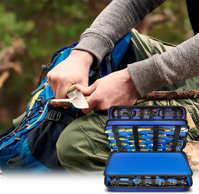 GWCASE Display Case for 66+ Pocket Knives. Folding Holder, Butterfly Storage Organizer, Roll Collection Pouch Carrier Bag for Survival Tactical Outdoor for EDC Mini Knife -Blue