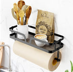 Taozun Paper Towel Holder with Shelf, Kitchen Paper Holder Spice Rack Black Paper Towel Roll Holder RV Paper Towel Rack with 4 Hooks(2 Installation Methods - Self-Adhesive and Drilling)