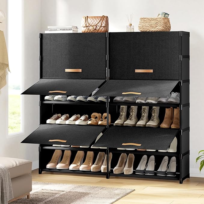 Shoe Storage Cabinet with Door, 42 Pairs Shoe Rack 2 by 7 Tier Space Saving Plastic Shoe Organizer with Cover for Closet, Hallway, Living Room, Bedroom, Garage, Black