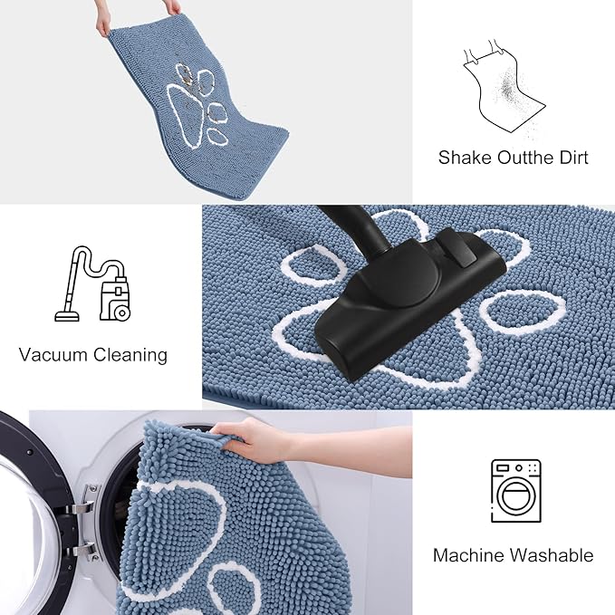 Smiry Dog Door Mat for Muddy Paws, Absorbent Dirt Trapper Non Slip Quick Dry Washable Chenille Mat for Mud Dogs, Entry Rug for Indoor and Outdoor (48x30 Inches, Airy Blue and White)