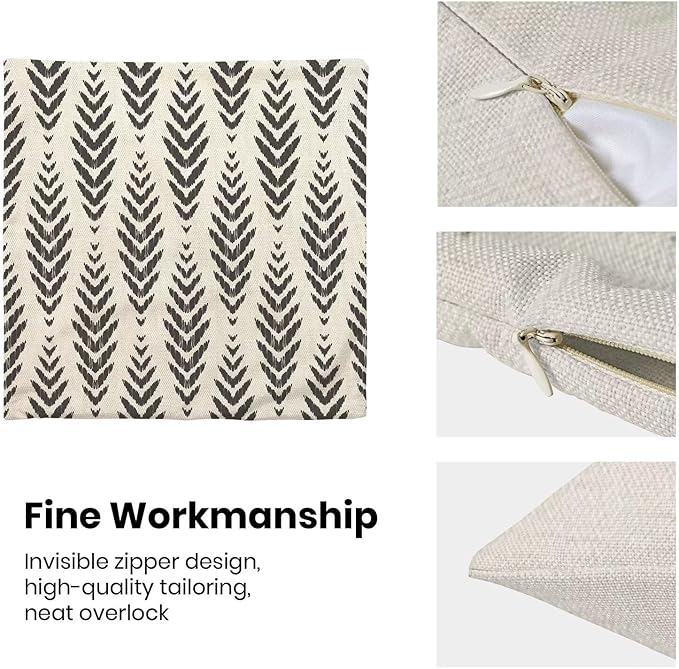 Boho Pillow Covers 16 x 16 Inch Pack of 2, Black and White Bohemian Ethnic Herringbone Pattern Decorative Throw Pillow Covers Vintage Linen Farmhouse Outdoor Pillowcase for Bedroom Home Sofa Decor