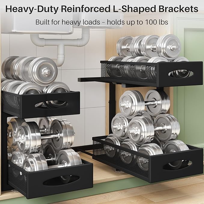 Under Sink Organizer, 2 Tier Pull out Cabinet Organizer Baskets with Mesh Sliding Drawers, Slide out Storage Shelf for Home, Kitchen, Bathroom, Pantry, Office Cabinet, Countertop(1 Pack)