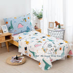 DJY 4 Pieces Cotton Toddler Bedding Set, Dinosaur Toddler Bed Comforter Set for Boys Girls, Includes Blue White Reversible Comforter, Flat Sheet, Fitted Sheet and Pillowcase