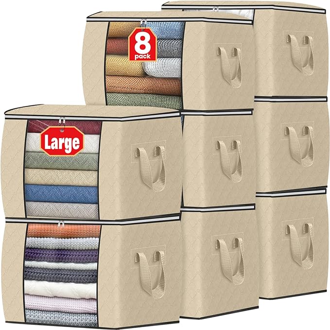 Fab totes 24 Gallons Clothes Storage, Foldable Thick Fabric Blanket Storage Bags, Containers for Organizing Bedroom, Closet, Clothing, Comforter, Organization with Handle (8 Pack,Beige)