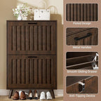 Shoe Storage Cabinet with 2 Flip Drawers, Modern Freestanding Organizer with Adjustable Shelf, Narrow Shoe Rack Cabinet for Entryway, Walnut
