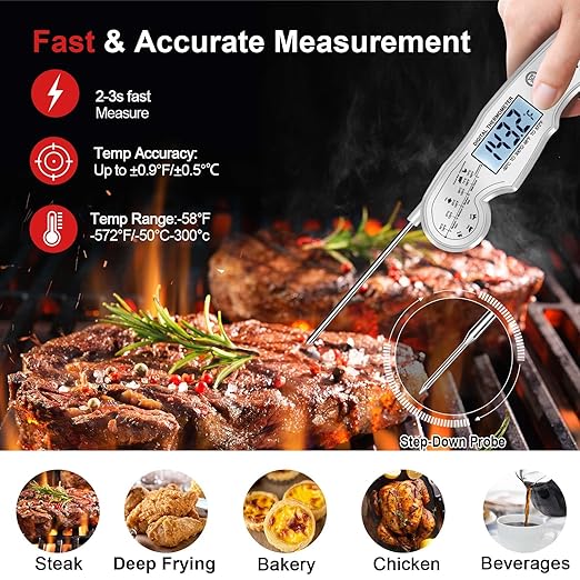 Meat Thermometer Digital - Fast Instant Read Food Thermometer for Cooking, Candy, Outside Grill, and Roast, Digital Food Thermometer with Backlight LCD & Calibration - Grey/Silver