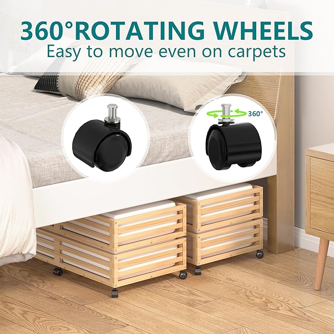 Bamboo Under Bed Storage Containers- Underbed Organizer with Wheels with Large Capacity Dust Bag,Sturdy Wood Rolling Under Bed Shoe Storage Organizer 2 Packs (Nature, 2 Packs (33.07"×16.54"))