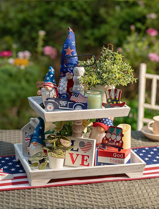 Hanobe Tiered Tray for Table Decor: 2 Tier 4th of July Decorative Tray Stand for Coffee Bar - Summer Farmhouse Rectangle Wood Display for Kitchen Counter, Rustic White