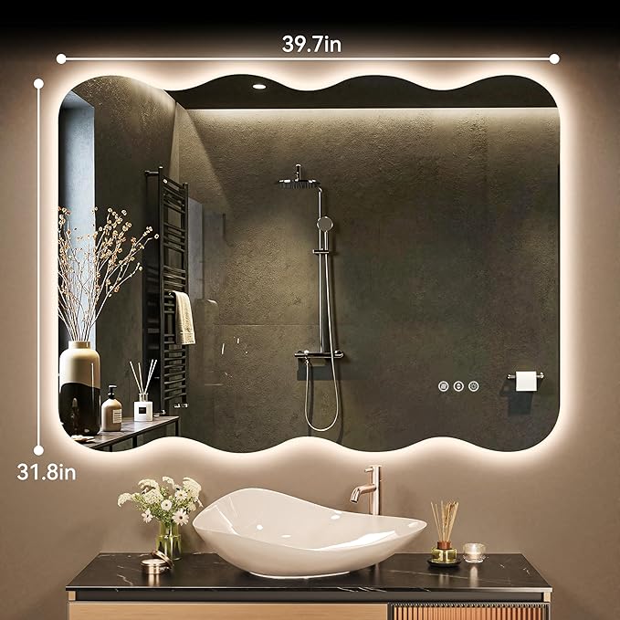 Hasipu Wavy Full Length Mirror with Lights - 40"×32" LED Wavy Floor Mirror, Frameless, Dimmable, Standing or Vertical/Horizontal Wall-Mounted Mirror for Bedroom, Living Room, Cloakroom