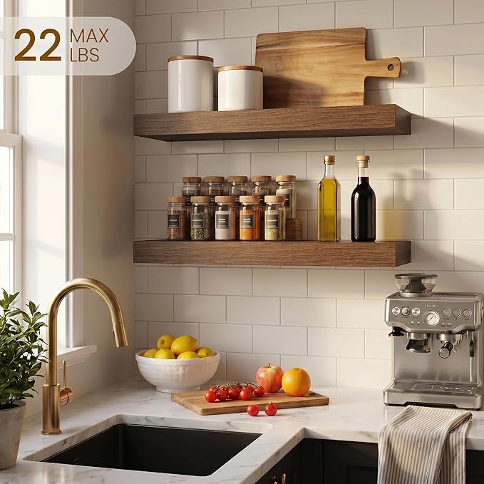 Dreamland Walnut Floating Shelves, Wall Mounted Shelves for Storage and Home Decor, Rustic Wood Shelves for Bathroom, Living Room, Bedroom and Kitchen, 16" x 6.7" Set of 2