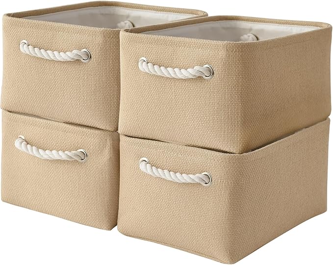 Organization and Storage Basket for Gifts Empty - 16x12x8 inch Large 4 Pack Fabric Storage Cube Collapsible Baskets for Shelves with Handles, Storage Box for Cloth Books Laundry Canvas(Beige)