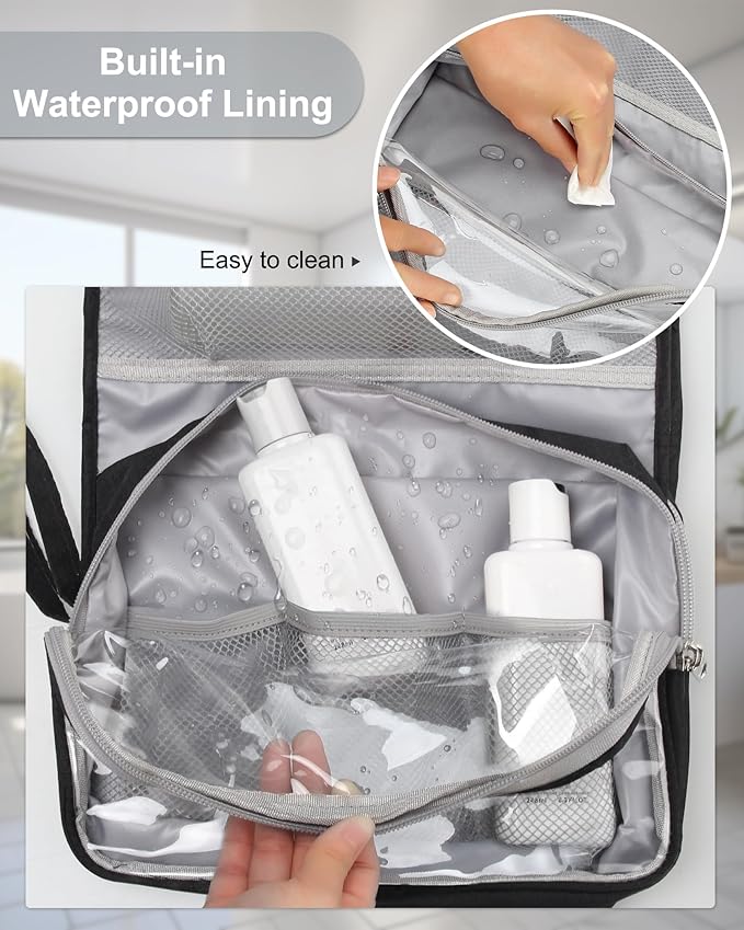 Travel Hanging Toiletry Bag with Makeup Brush Board, Portable Toiletries Bag with Hanging Hook, Water Resistant Wash Bag, Makeup Organizer with Cosmetics for Full Sized Travel Essentials - Black