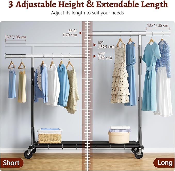 FAVOOSTY Heavy Duty Clothes Rack for Hanging Clothes, Rolling & Extending Clothing Rack with Wheels, Garment Coat Rack Freestanding, Portable Clothes Rack, Black