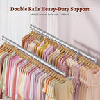 FAVOOSTY Clothes Rack for Hanging Clothes Double Rods, Rolling & Extending Clothing Rack with Wheels, Garment Coat Rack Freestanding, Portable Clothes Rack, White
