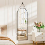 48"x16" Hanging Mirror with Leather Strap,Arched Full Length Mirror with Aluminum Frame Wall-Mounted Hanging Mirrors for Bathroom Vanity Living Room Bedroom Entryway Décor, Black