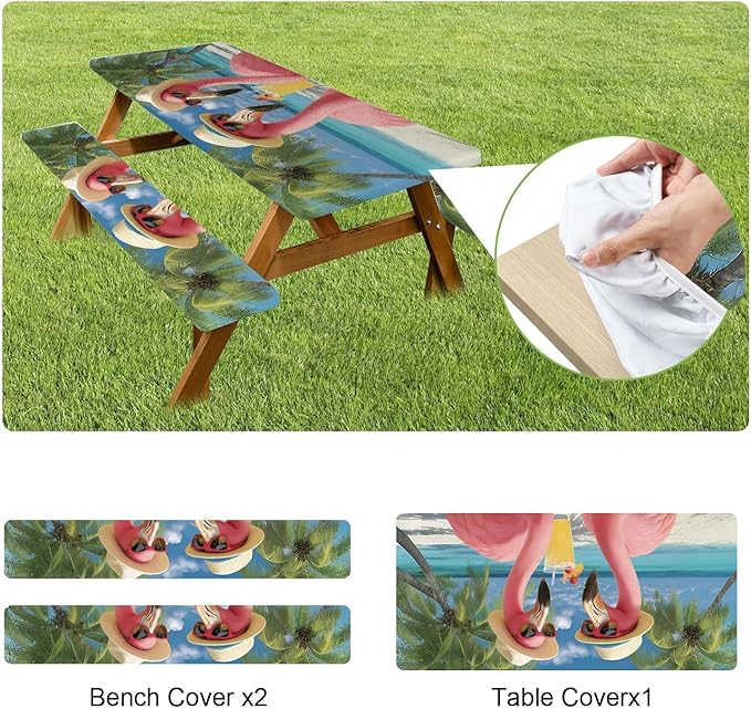 ANNA QUEEN Summer Flamingos Summer Flower Picnic Table Cover 6FT with Bench Covers Picnic Table Cover Set 3PCS 72"x30", Outdoor Bench and Tablecloth Furniture Protection