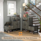 Armocity Shoe Cabinet Storage for Entryway - Freestanding Shoe Rack Bench with LED Lights & Power Outlets, Reversible Shoe Storage Cabinet Organizer with Drawer and Hidden Compartment, Grey Oak