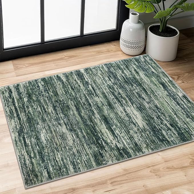 2x3 Modern Abstract Rug for Entryway, Dark Green Super Soft Small Area Rug, Washable Non-Slip Kitchen Rugs, Low-Pile Mat for Kitchen, Bedside, Indoor Door Mat
