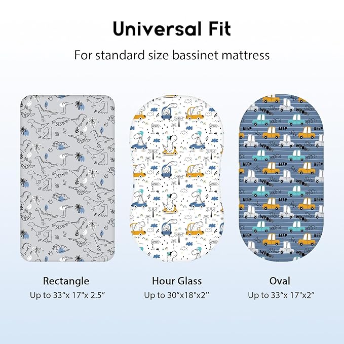 Baby Bassinet Sheets Girl Boy, Fitted Bassinet Sheet Set 3 Pack Bassinet Mattress Sheets Universal Fit for Rectangle, Round, Oval, Hourglass Mattress, Soft Breathable Grey & Blue Car