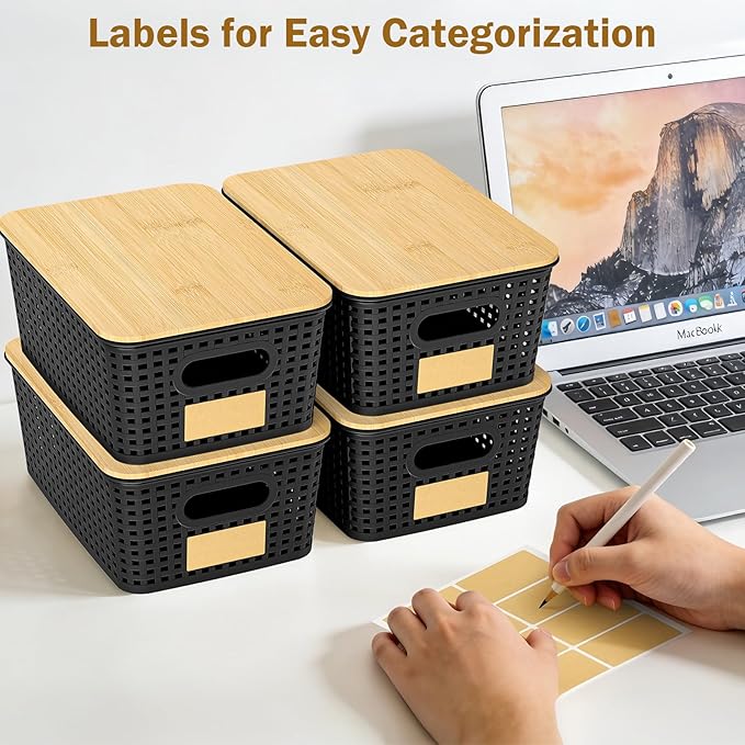 Stackable Storage Basket: Plastic Baskets Bins, Baskets for Organizing, Pantry Decorative Containers for Closets, Cabinets, Shelves(8 Pack, Black)