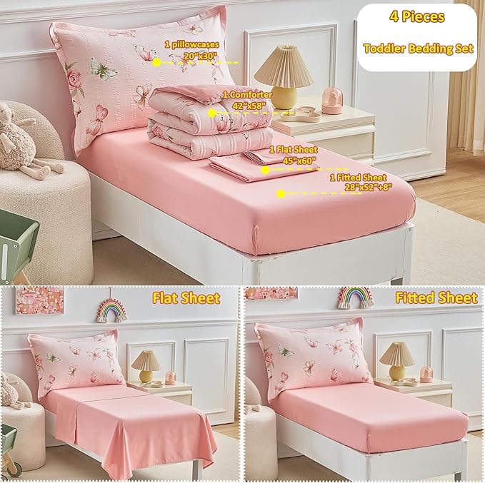 DuShow Pink Butterfly Toddler Bedding Set for Girls,4 Pieces Toddler Bed Set,Seersucker Toddler Comforter Set,Includes Comforter,Flat Sheet,Fitted Sheet and Pillowcase