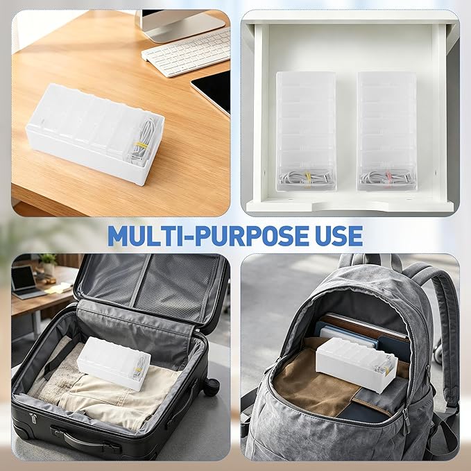 2 Pack Cable Organizer Storage Box with Wire Ties, Desktop Charger Cord Storage Organizer Box, Charger Organizer with Clear Cases Stickers for Office Home Storage Stationery Supplies, Medium