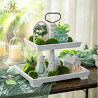 Hanobe Tiered Tray for Table Decor: 2 Tier 4th of July Decorative Tray Stand for Coffee Bar - Summer Farmhouse Rectangle Wood Display for Kitchen Counter, Rustic White