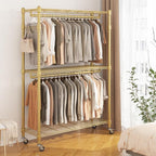 BATHWA Heavy Duty Rolling Garment Racks, 25mm Metal Pipe, 47.3"W x 17.7"D x 80.7"H Large Tall Portable Wardrobe Closet with 2 Rods, Wide Adjustable Shelves and Hangers, Clothing Hanging Storage, Gold