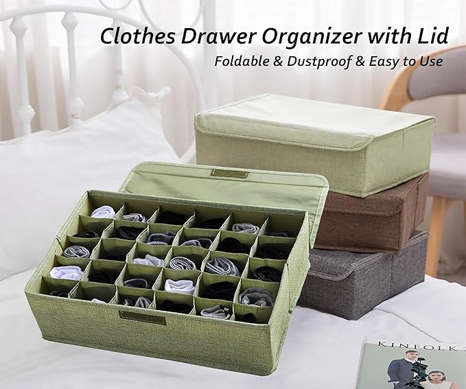 AARAINBOW 2 Packs Underwear Socks Ties Storage Organizer with Lids Foldable Closet Drawer Organizer 60 Cells, Fabric Drawer Wardrobe Divider Storage Boxes for Scarves and Lingerie (30 Cell, 2 Green)