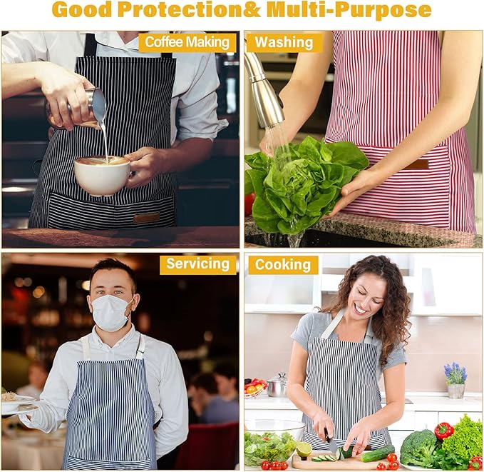 Handepo 4 Pcs Kitchen Aprons with Pockets Adjustable Waterproof Cotton Aprons Striped Apron for Women Men Chef Mother Gift