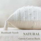 Boho Pillow Cover 18x18 Beige - Handmade Woven Textured Throw Pillow Case with Cordings & Tassels, Decorative Accent for Couch Sofa Farmhouse Living Room Home Decor
