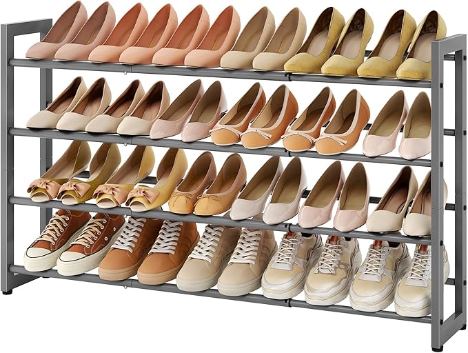FAVOOSTY 4-Tier Expandable Shoe Rack, Adjustable Shoe Shelf Storage Organizer Space Saving Metal Free Standing Shoe Rack for Entryway Closet Doorway, Silver Grey