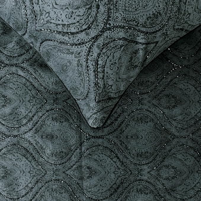 The HomeCentric King/Queen/Twin Gray Decorative Twin 53"x18" Bed Runner with Two Pillow Cover, Damask, Victorian & Bead Embroidery Bed Scarf on Suede Fabric - Beatrice