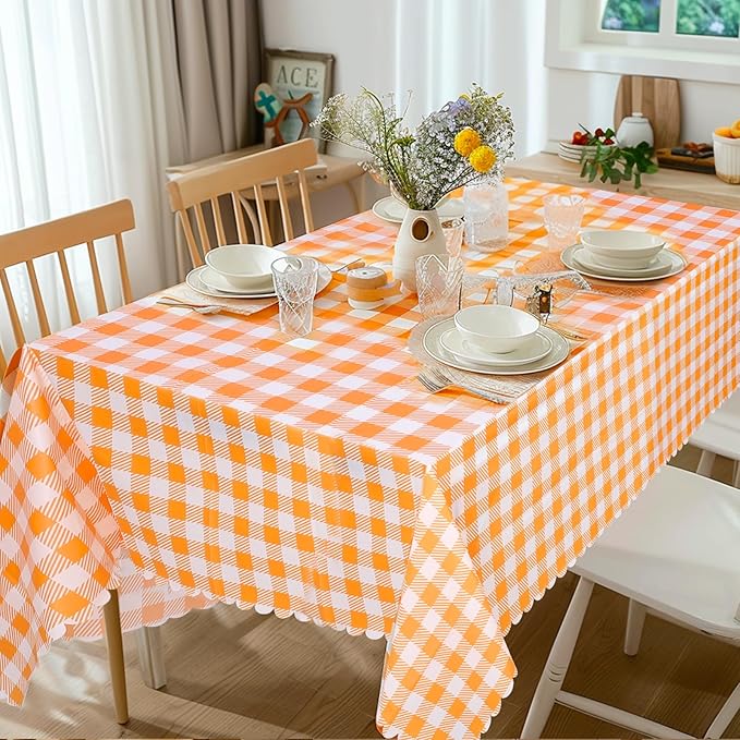NatNarr 6 Pack Orange Gingham Tablecloth, 54 X 108Inch Plastic Orange Checkered Table Cloth Disposable Scalloped Tablecloths Waterproof Plaid Table Cover for Picnic Wedding Birthday Outdoors Party