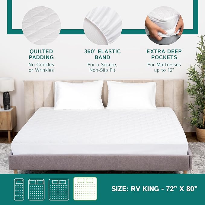 RV King Waterproof Mattress Pad - Fitted Mattress Protector with Quilted Pillow Top Mattress Topper - Premium Quality Hypoallergenic Mattress Cover (72'x80')