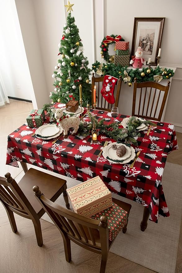 Waterproof Christmas Tree Tablecloth Fabric - Red Oblong 52x70 Inch Classic Buffalo Tartan Festive Table Cloth for Indoor Use - New Year Tabletop Cover for Dinner, BBQs, and Parties