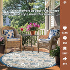jinchan Elora 8ft Floral Round Rug for Dining Room Washable Living Room Rug Vintage Romance Design Non Slip Indoor Floor Cover Lightweight Low-Profile Throw Carpet for Bedroom Porch Patio, Blue/Beige