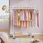 FAVOOSTY Clothes Rack for Hanging Clothes Double Rods, Rolling & Extending Clothing Rack with Wheels, Garment Coat Rack Freestanding, Portable Clothes Rack, White