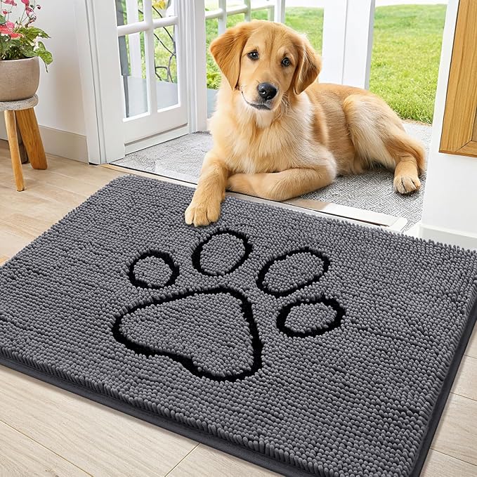 Smiry Dog Door Mat for Muddy Paws, Absorbent Dirt Trapper Non Slip Quick Dry Washable Chenille Mat for Mud Dogs, Entry Rug for Indoor and Outdoor (36x24 Inches, Dark Grey and Black)