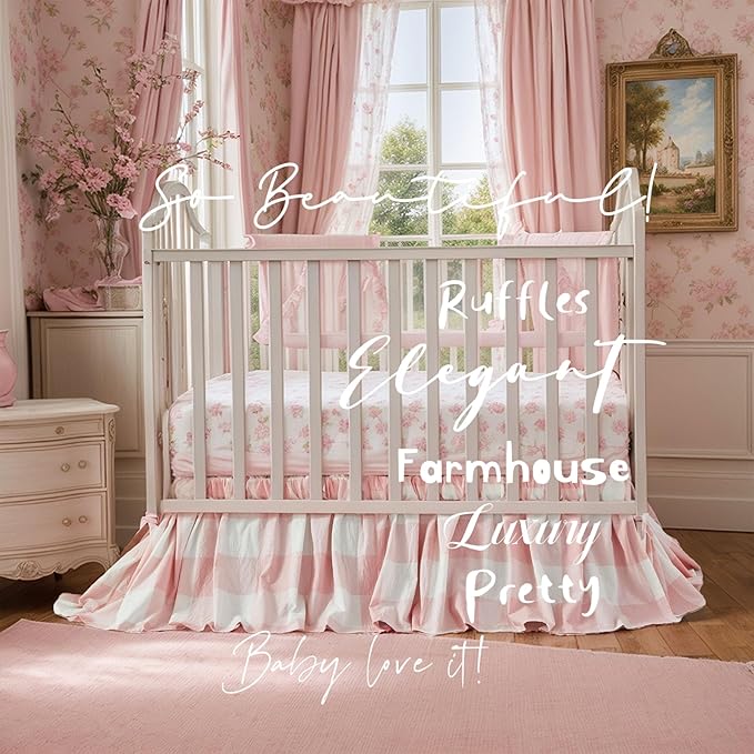 Brandream Gingham Gathered Crib Skirt, Baby Boy, Baby Girl, Gender Neutral Crib Skirt, 100% Cotton, 4-Sided, Light Pink Plaid Gingham Toddler Bedskirt Farmhouse Chic Nursery Crib Bed Skirt Dust Ruffle