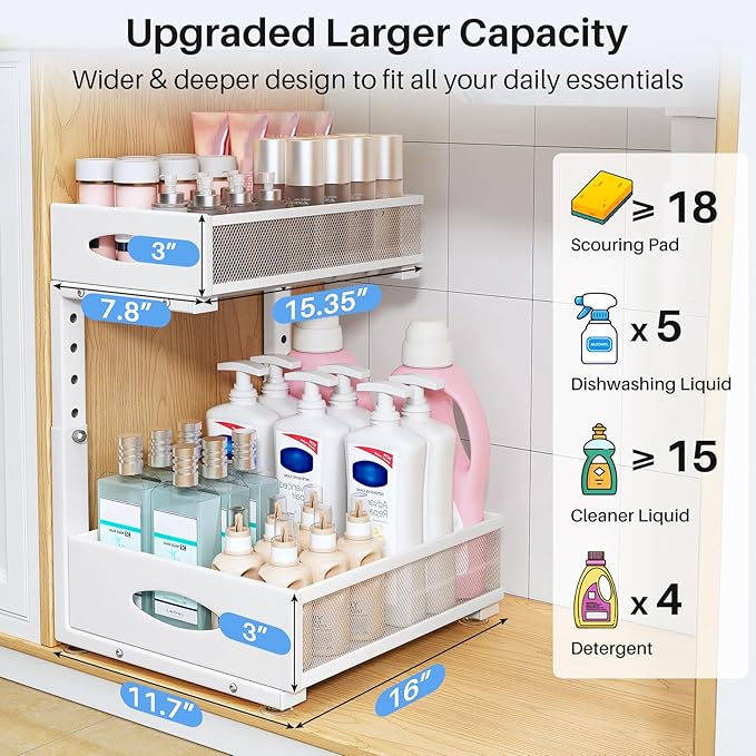 Under Sink Organizer, 2 Pack 2 Tier Pull Out Under Cabinet Organizer Shelf with Pad for Framed Cabinets, Metal Slide Out Under Sink Storage, Mesh Sliding Drawers for Kitchen Bathroom Laundry, White