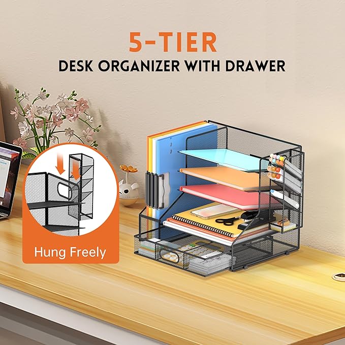 DALTACK Mesh Desk Organizer, 5-Tier Paper Letter Tray with File Holder & Pen Holder & Sliding Drawer, Desktop Organizer and Storage for Desk Accessories Office Supplies, Black