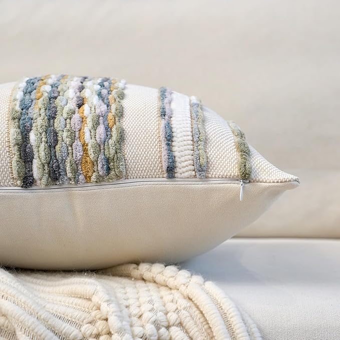 Aeckself Boho Pillow Covers 18x18 Inch Set of 2, Farmhouse Decorative Striped Square Chenille Tufted Accent Neutral Throw Pillow Covers for Living Room Couch Bed, Gray Blue