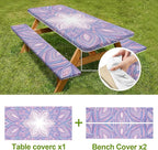 Mandala Picnic Table Cover with Bench Covers Set of 3-Purple White Ethnic Pattern,Elastic Fitted Tablecloth for 6 Ft Tables, Washable Polyester Cover for Camping, Indoor & Outdoor