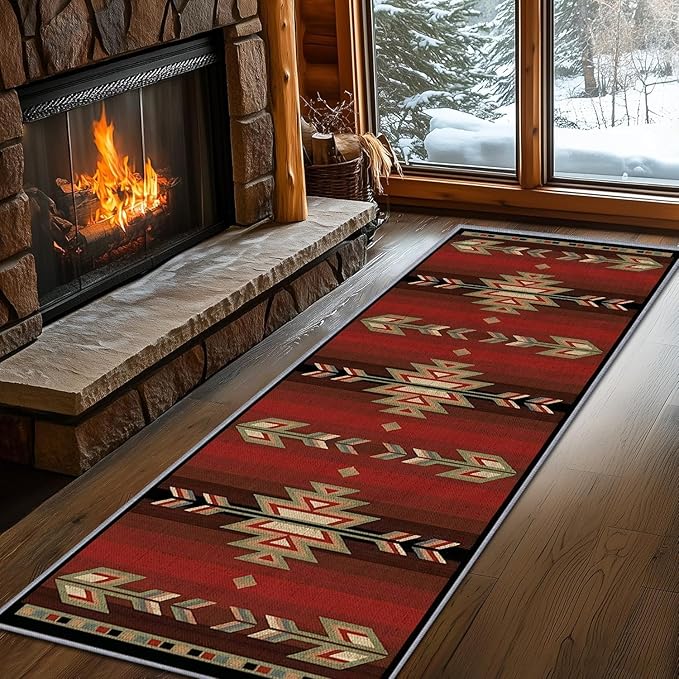 Red Arrow Runner Rug, 2x7ft Retro Geometric Hallway Runner Rug - Corridor & Busy Home Foyer Rugs, Washable Flannel Non-Slip Mat, Southwestern Tribe Decor Carpet for High-Traffic Areas