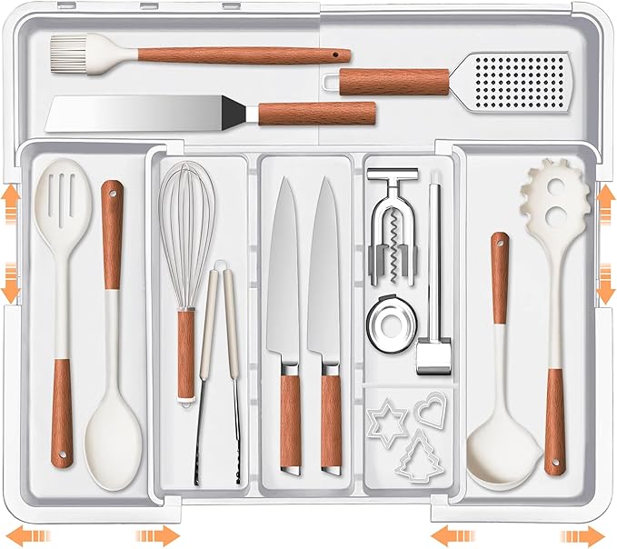Spaclear Large Utensil Drawer Organizer Expandable Silverware Organizer for Kitchen Drawer Adjustable Cooking Utensil Holder Cutlery Flatware Tray Spatula Tools Gadgets Storage Dividers Plastic White
