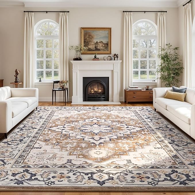 Lessymo 8 x 10 Area Rugs for Living Room- Machine Washable Area Rugs Boho Faux Wool Low Pile Area Rug for Bedroom, Floral Medallion Vintage Rugs with Non-Slip Rubber, Kid & Pet Friendly, Brown Beige