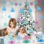 14 PCS Snow Birthday Party Decor Princess Wonderland Banner Glittery Snowflakes Hanging Swirls Snowflakes Honeycomb Table Centerpieces for Girl Princess Birthday Wedding Baby Shower Party Supplies