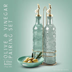 COOK WITH COLOR Glass Olive Oil Bottle Dispenser - 2 Pack- 17oz Oil and Vinegar Cruet - Olive Oil Carafe Decanter for Kitchen, Floral, Green