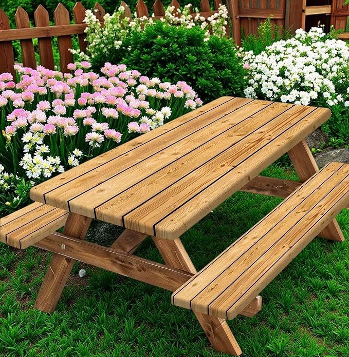 Rustic Brown Wooden Board Picnic Table Cover with Bench Covers, Farmhouse Rural Country Wood Waterproof Tablecloth for Patio Camping Indoor Outdoor Party Decorations with Drawstring Bag, 30X60in, 3PCS